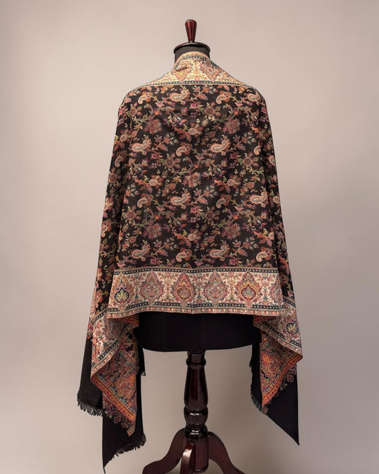 Black Floral Paisley Jaal Kani Pure Wool Stole