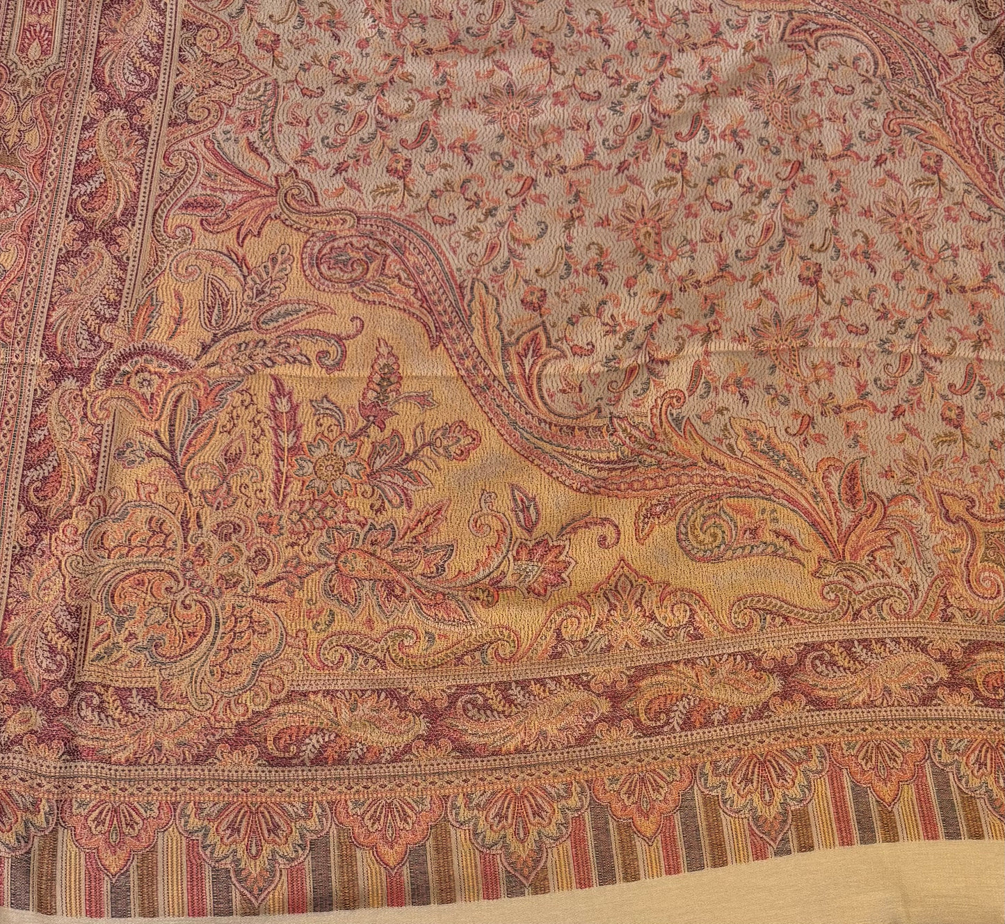 Camel Wool Jamawar Shawl with Grand Paisley Field and Multicolour Floral Scrollwork