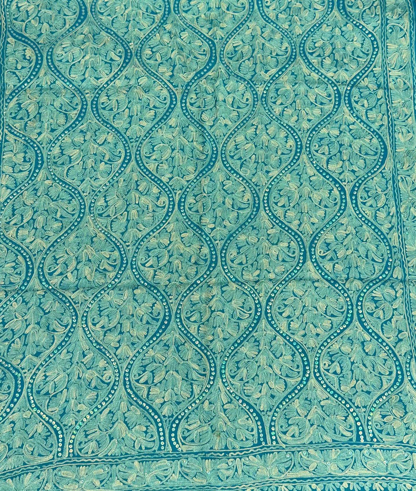 Turquoise Ogee Aari Pure Wool Stole with Sippi