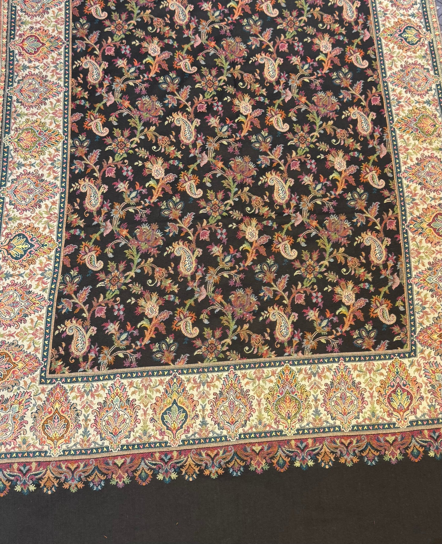 Black Floral Paisley Jaal Kani Pure Wool Stole
