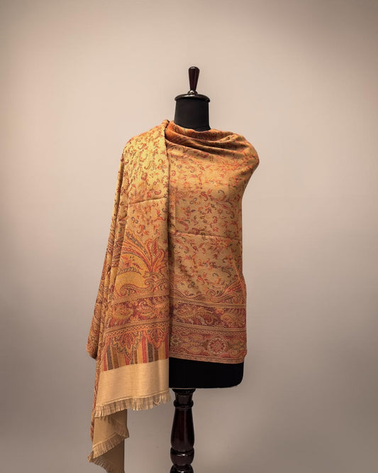 Camel Wool Jamawar Shawl with Grand Paisley Field and Multicolour Floral Scrollwork