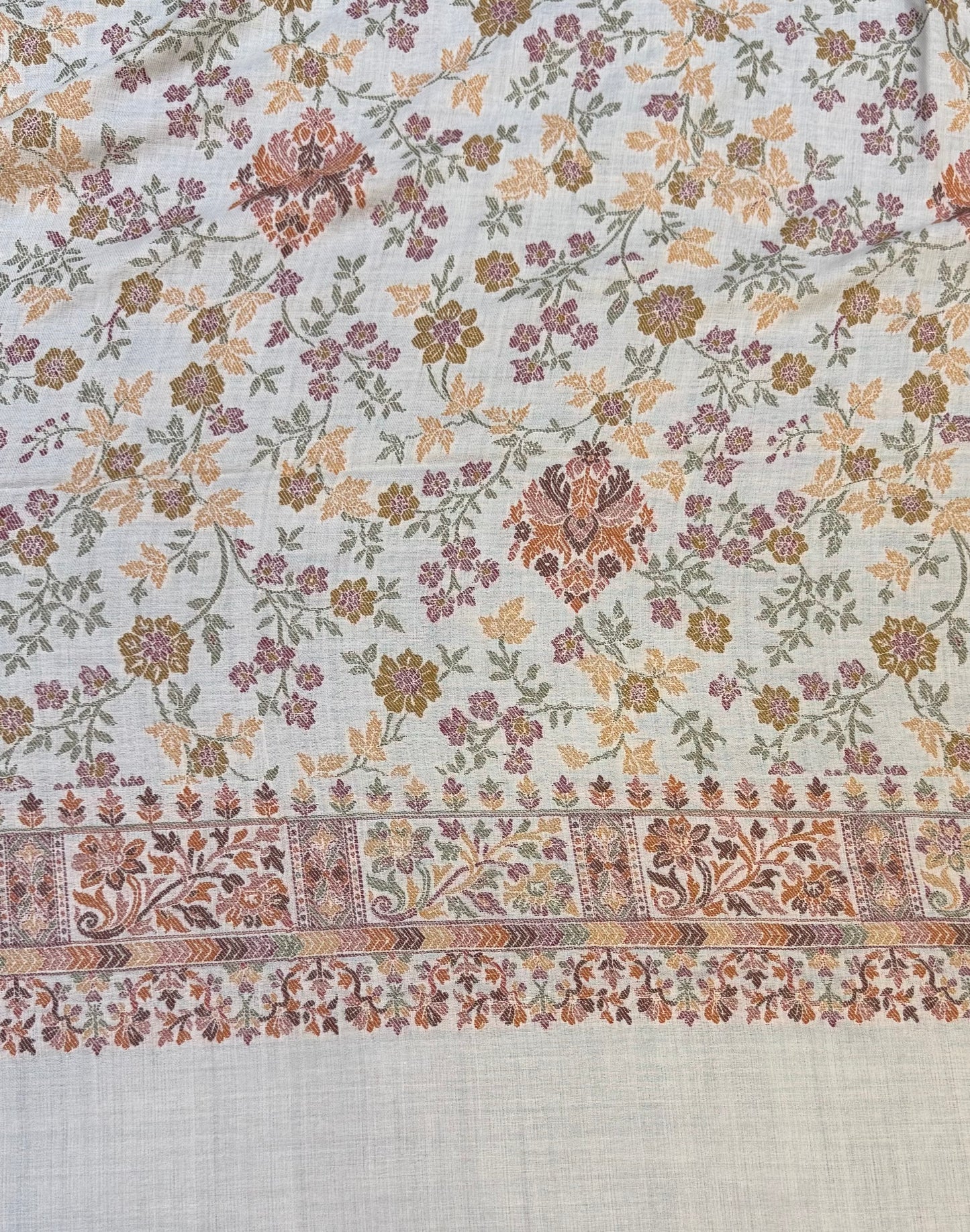 Ivory Pure Wool Kani Shawl with All-Over Floral Vine and Multicolour Botanical Field