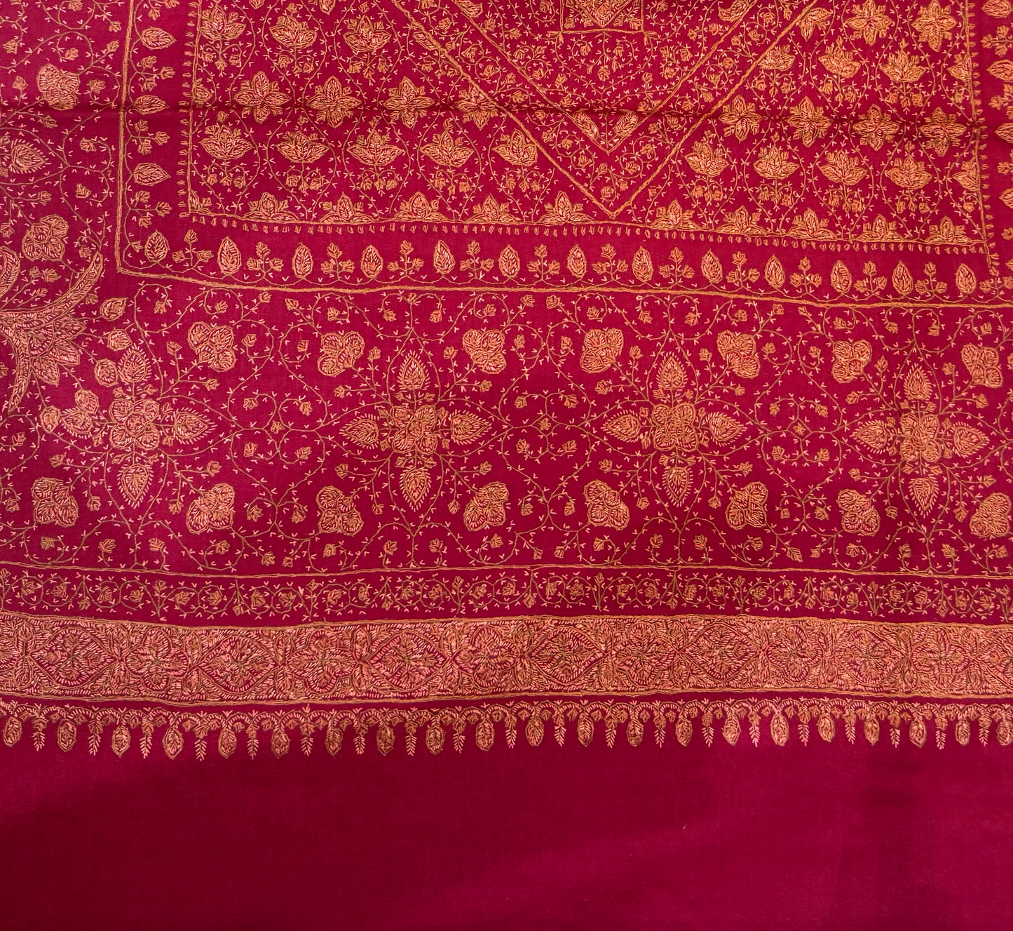 Ruby Red Pure Wool Kashmiri Shawl with All-Over Gold Hand Embroidery