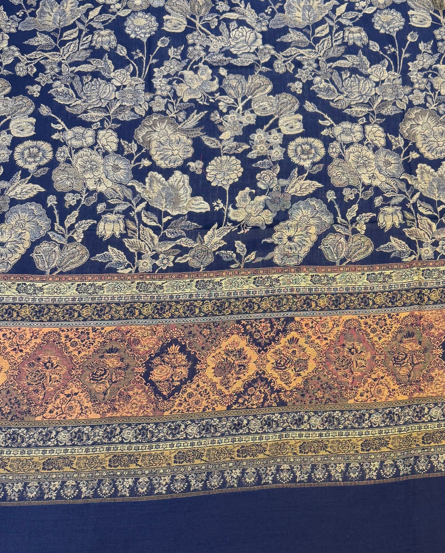 Navy Wool Jamawar Shawl with Silver Floral Field and Copper Gold Medallion Border