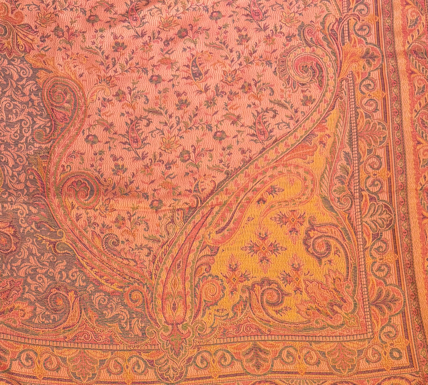 Peach Wool Jamawar Shawl with Grand Paisley Field and Multicolour Scrollwork Border