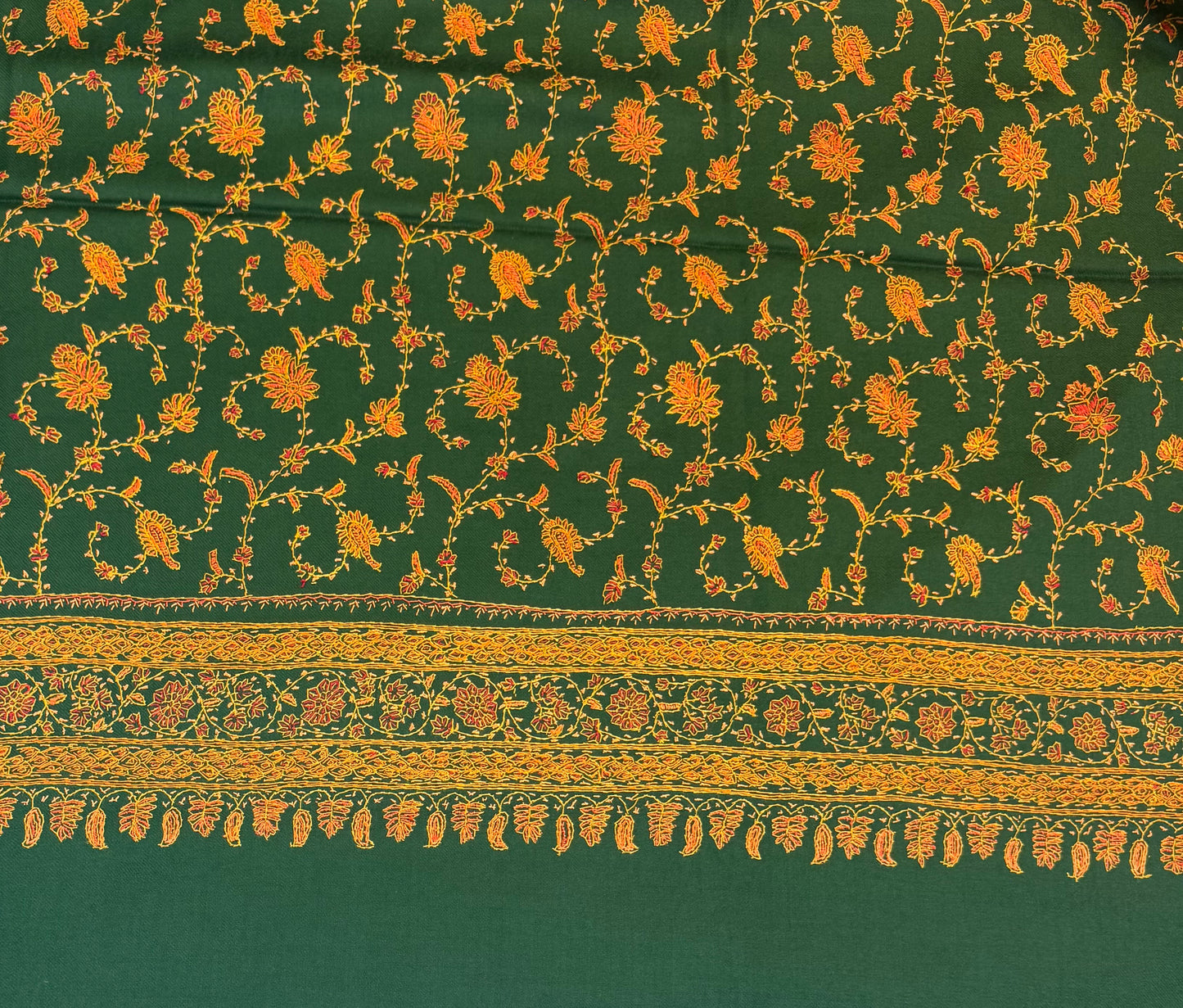 Forest Green Pure Wool Kashmiri Shawl with All-Over Gold Hand Embroidery