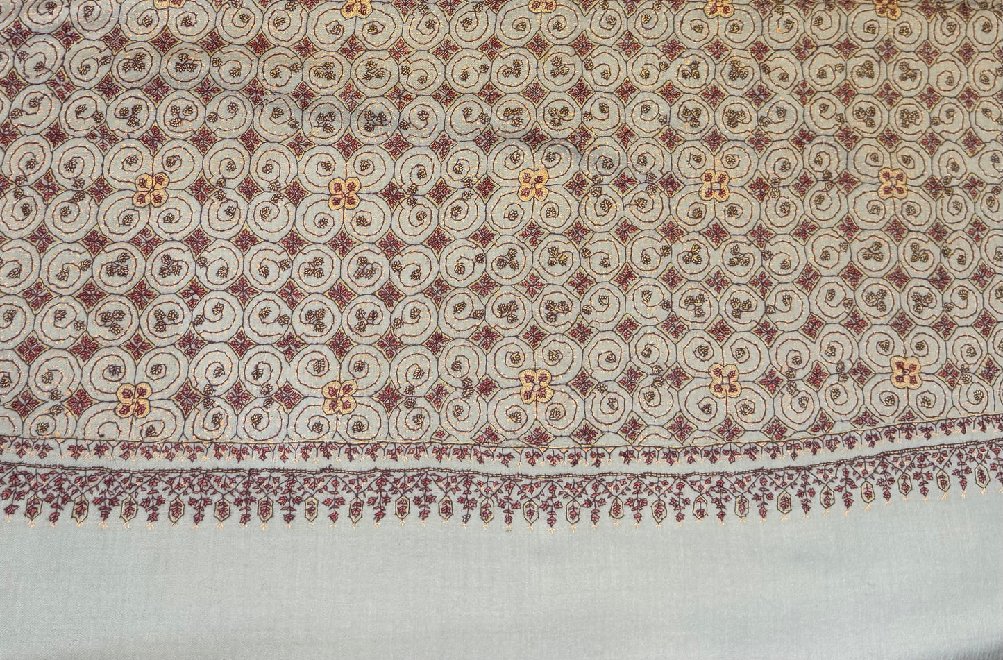 Silver Grey Pure Wool Kashmiri Shawl with Geometric Spiral Hand Embroidery