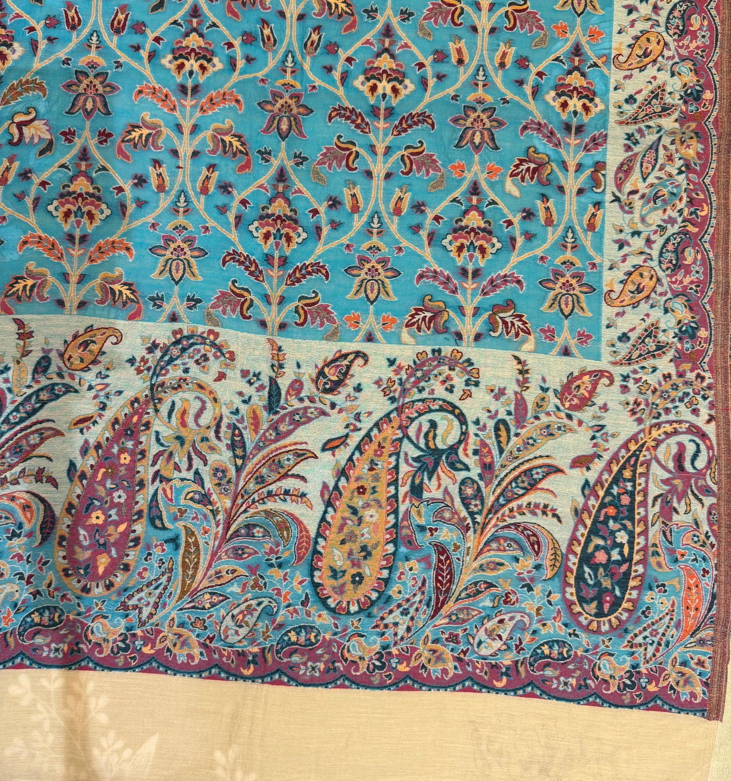 Turquoise Kani Pure Wool Stole with Arabesque Floral Jaal