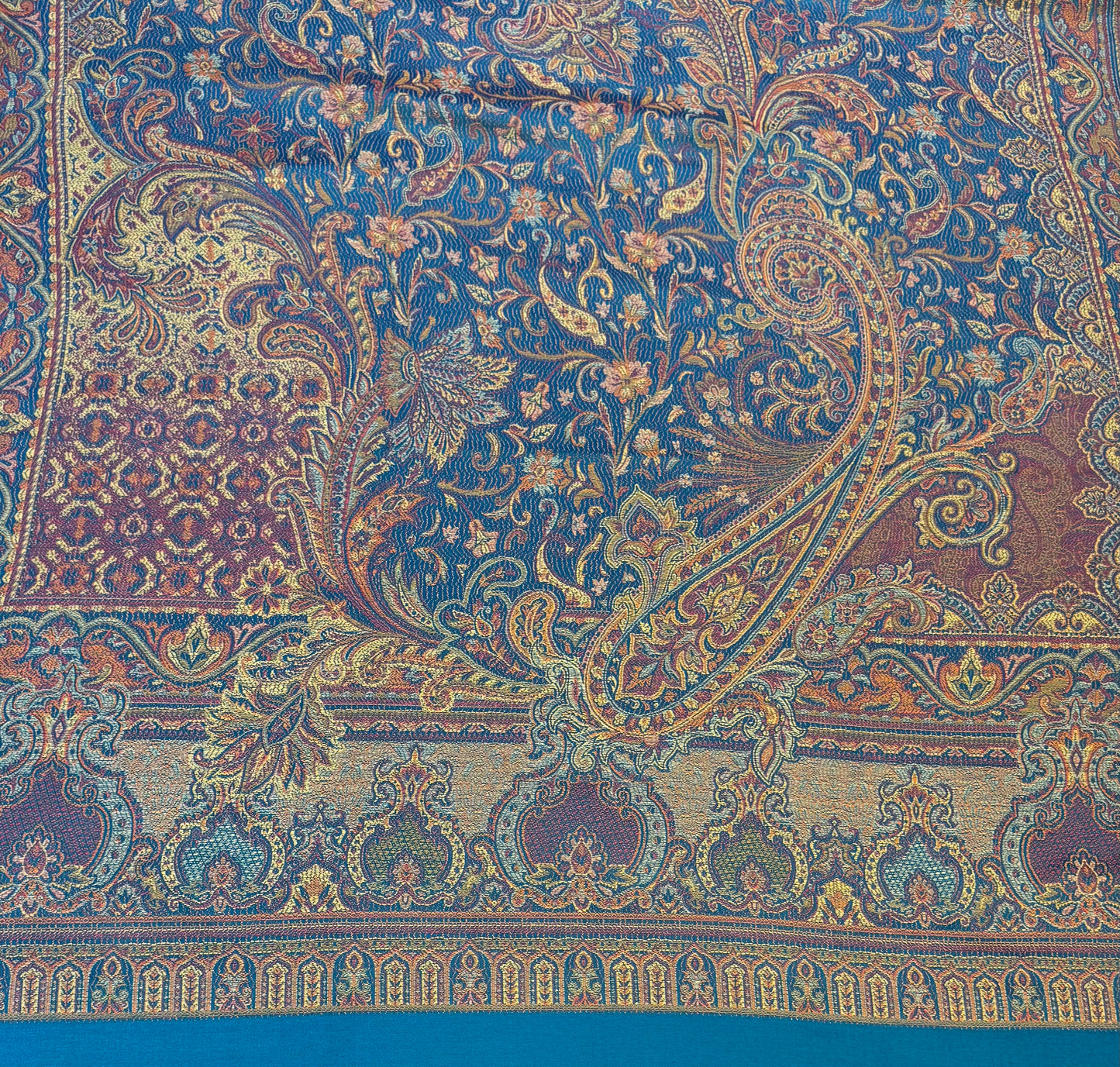 Teal Blue Wool Jamawar Shawl with Grand Paisley Field and Multicolour Floral Scrollwork
