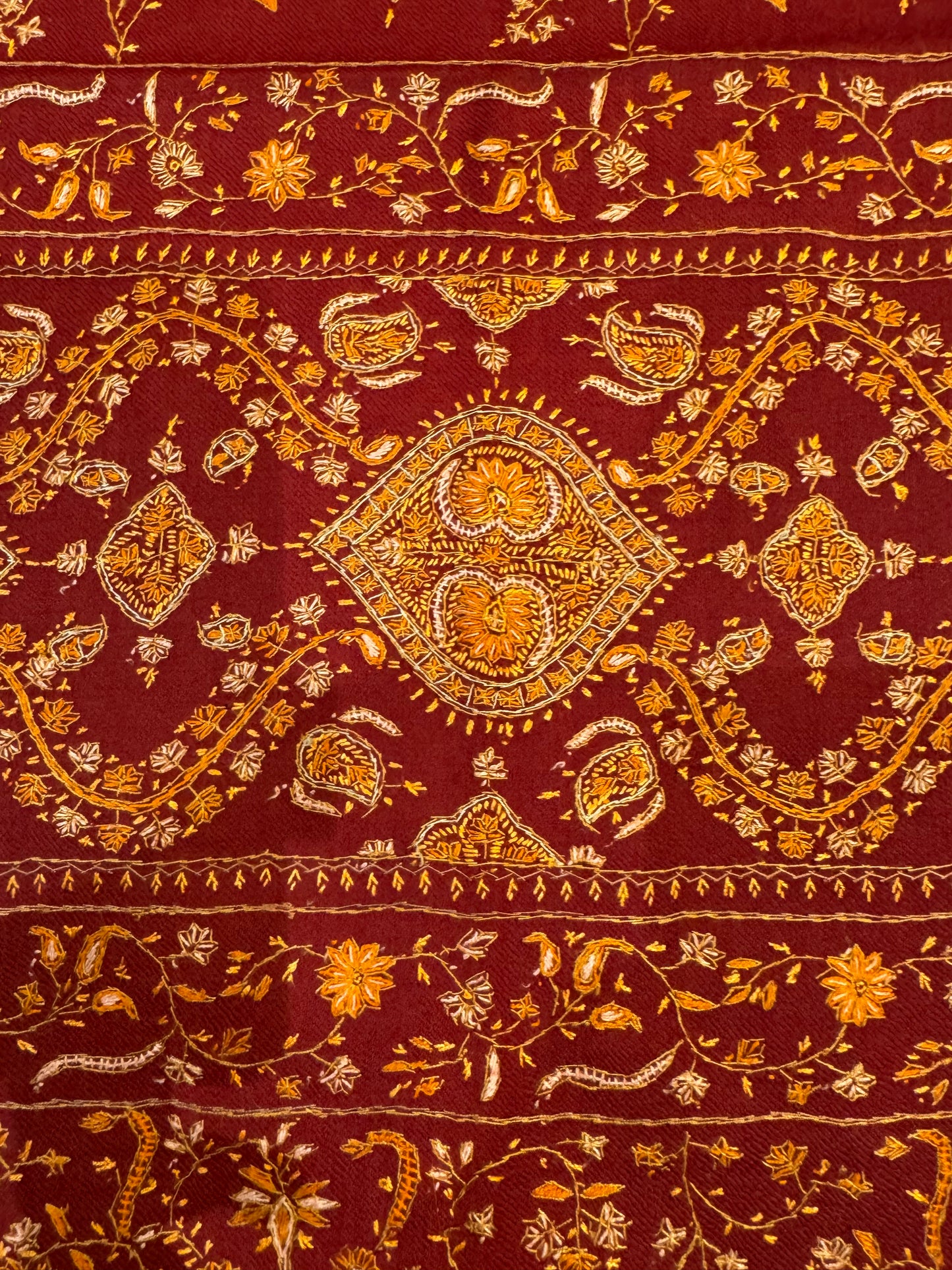 Burgundy Red Pure Wool Kashmiri Shawl with All-Over Hand Embroidery