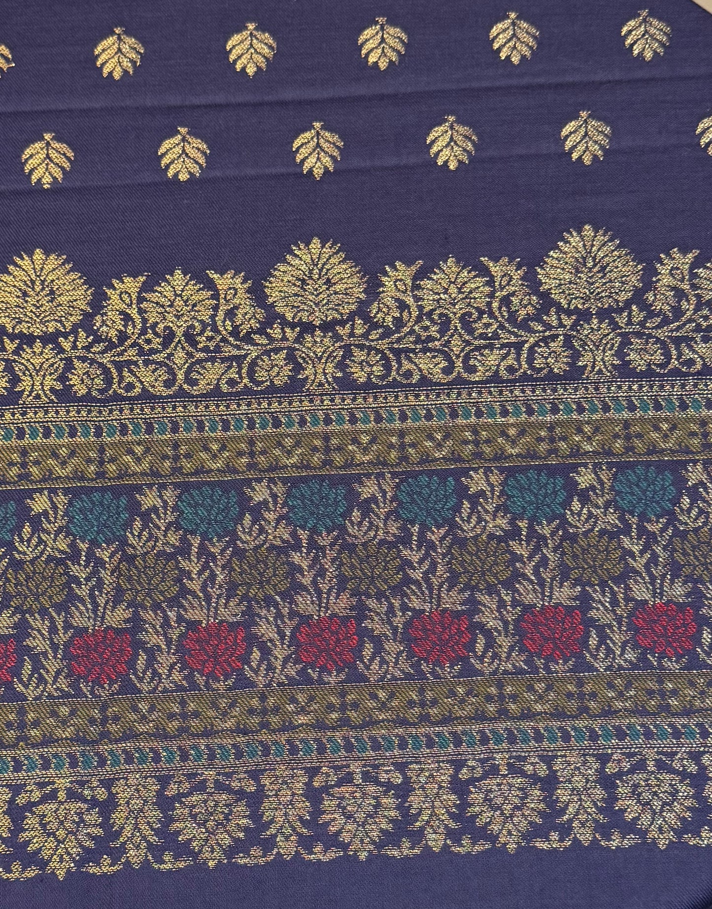 Royal Blue Wool Shawl with Gold Zari Butti and Layered Border