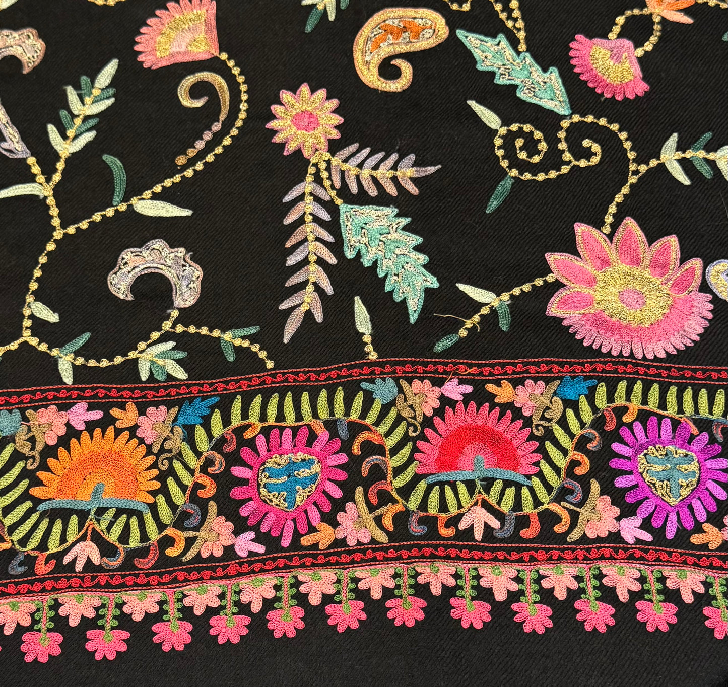 Black Pure Wool Sozni Embroidered Stole
