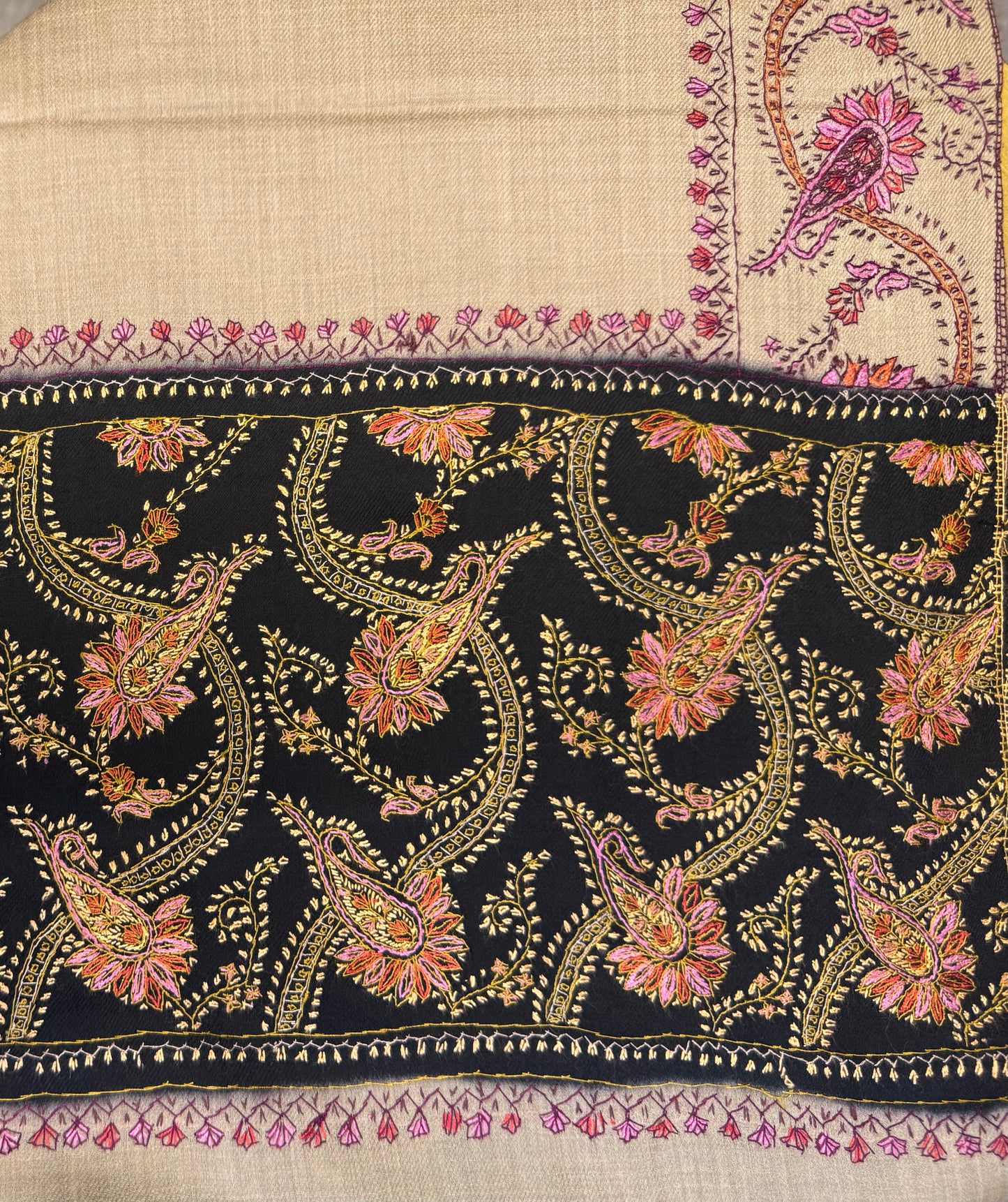 Ivory Pure Wool Kashmiri Shawl with Black Border Hand Embroidery