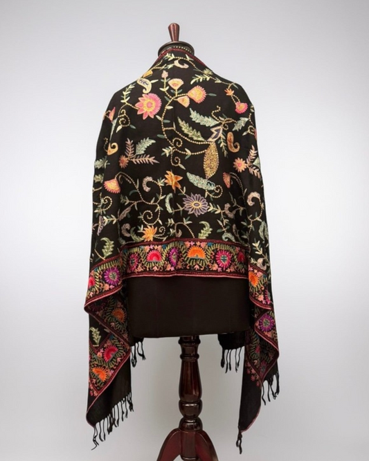 Black Pure Wool Sozni Embroidered Stole