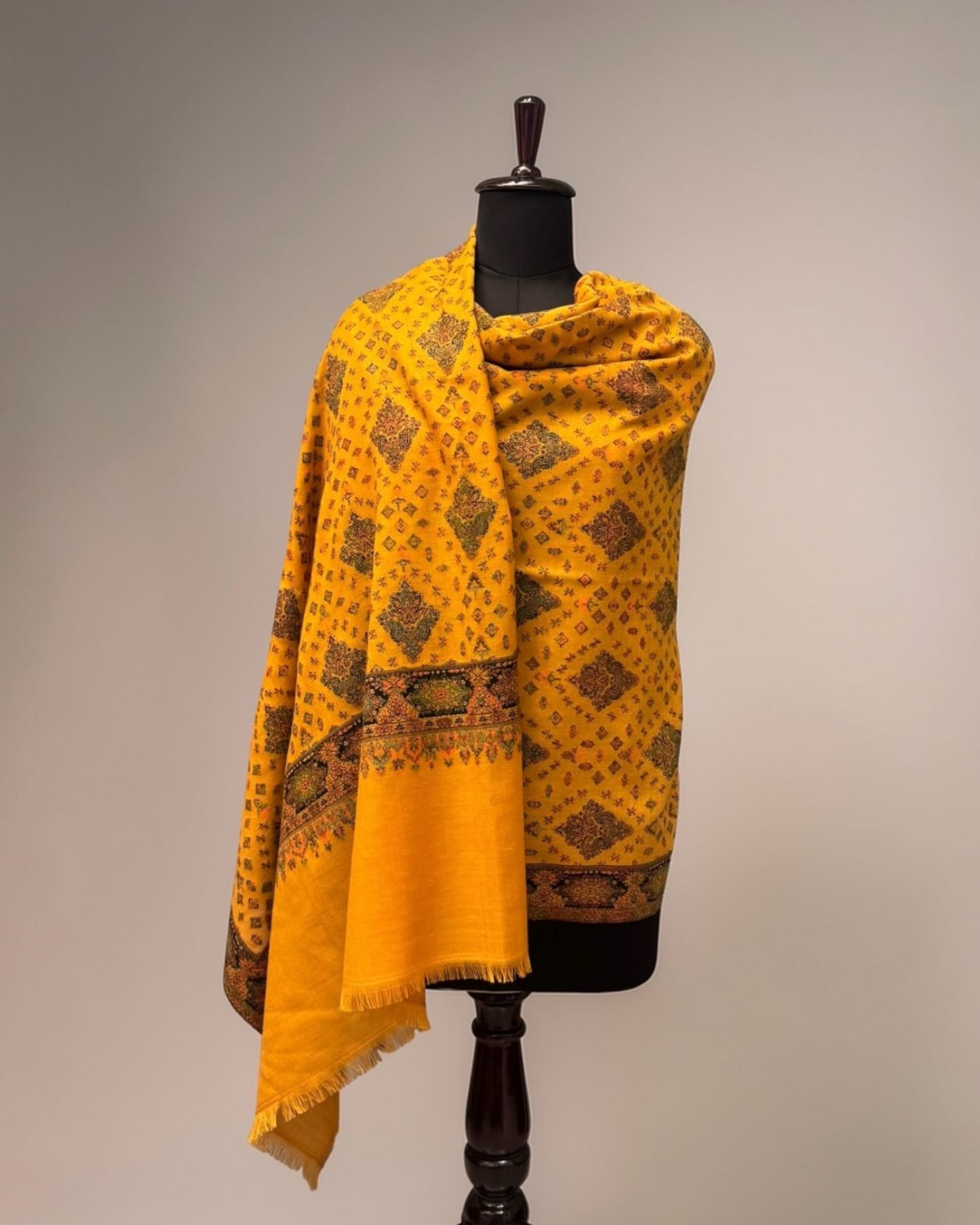Mustard Pure Wool Kani Woven Shawl | Diamond Lattice Jaal & Navy Border