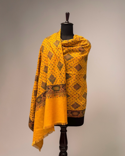 Mustard Pure Wool Kani Woven Shawl | Diamond Lattice Jaal & Navy Border