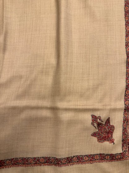 Natural Mens Pure Wool Shawl with Chinar Embroidery