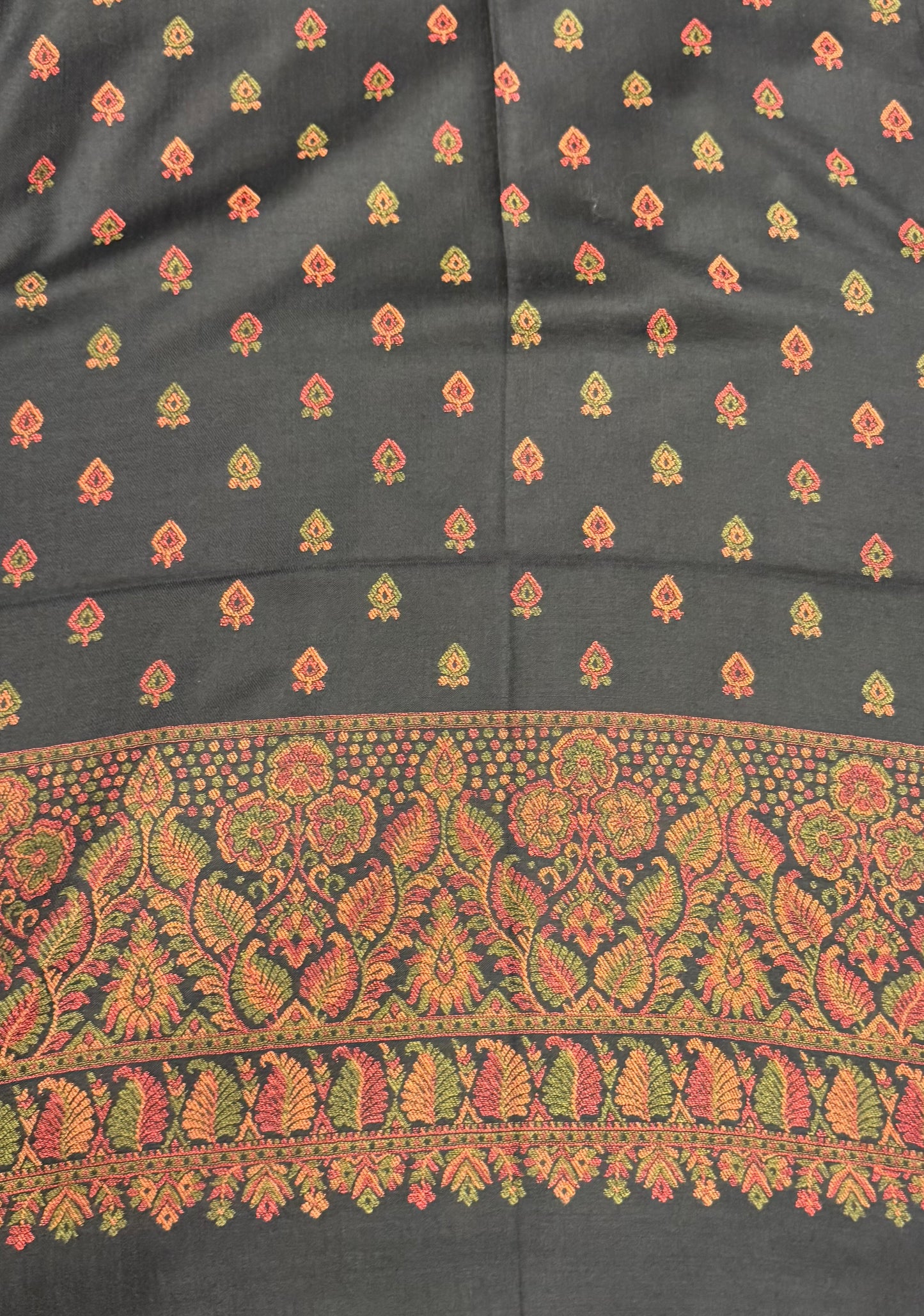 Black Pure Wool Kani Woven Stole | Scattered Buti & Floral Paisley Border