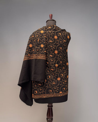 Black Pure Wool Hand Embroidery Shawl with Amber Sozni Jaal Work