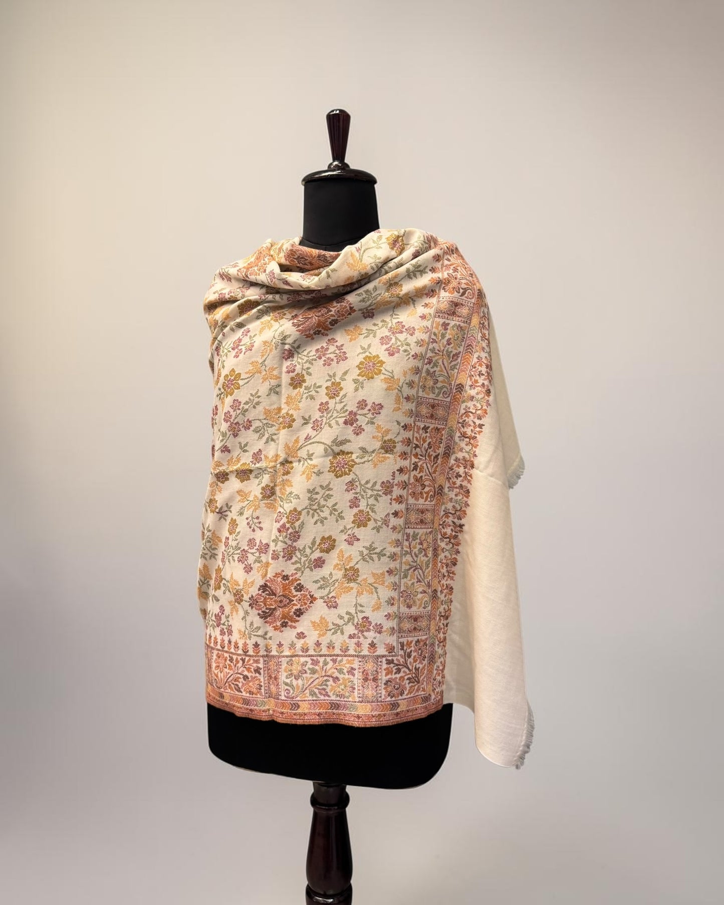 Ivory Pure Wool Kani Shawl with All-Over Floral Vine and Multicolour Botanical Field