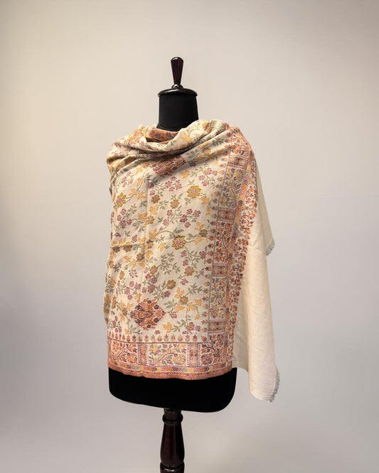 Ivory Pure Wool Kani Shawl with All-Over Floral Vine and Multicolour Botanical Field