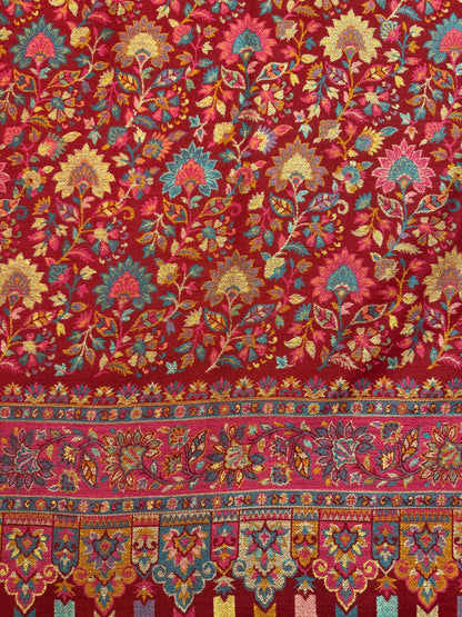 Crimson Red Mens Kani Pure Wool Shawl with Floral Jaal