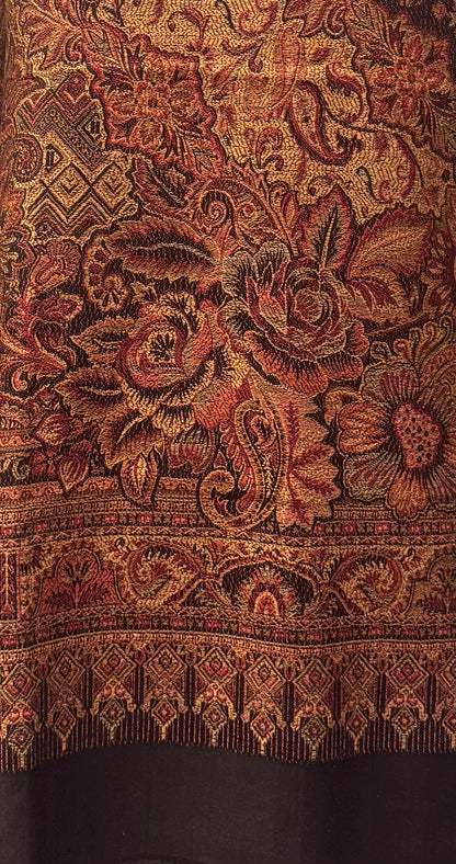 Black Ground Jamawar Wool Shawl with Dense Multicolour Floral and Paisley Weave