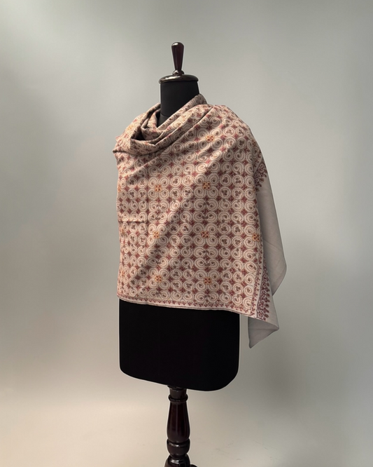 Silver Grey Pure Wool Kashmiri Shawl with Geometric Spiral Hand Embroidery