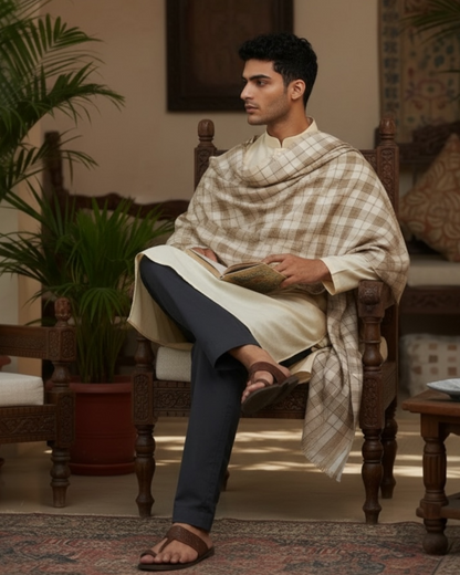 Black & Beige Wool Check Shawl