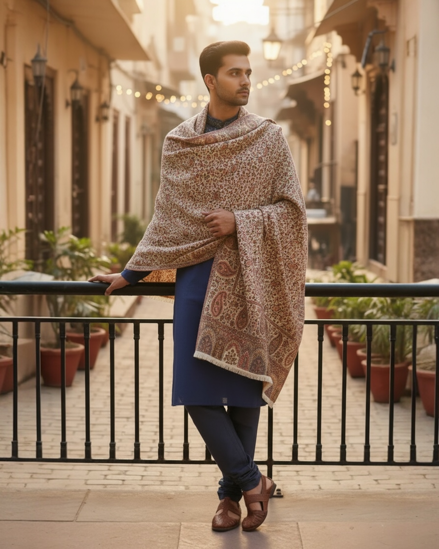 Ivory Mens Kani Wool Shawl with Paisley Jaal