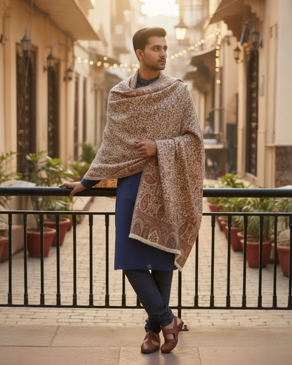 Ivory Mens Kani Wool Shawl with Paisley Jaal