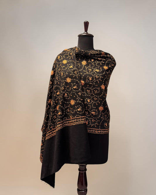 Black Pure Wool Hand Embroidery Shawl with Amber Sozni Jaal Work