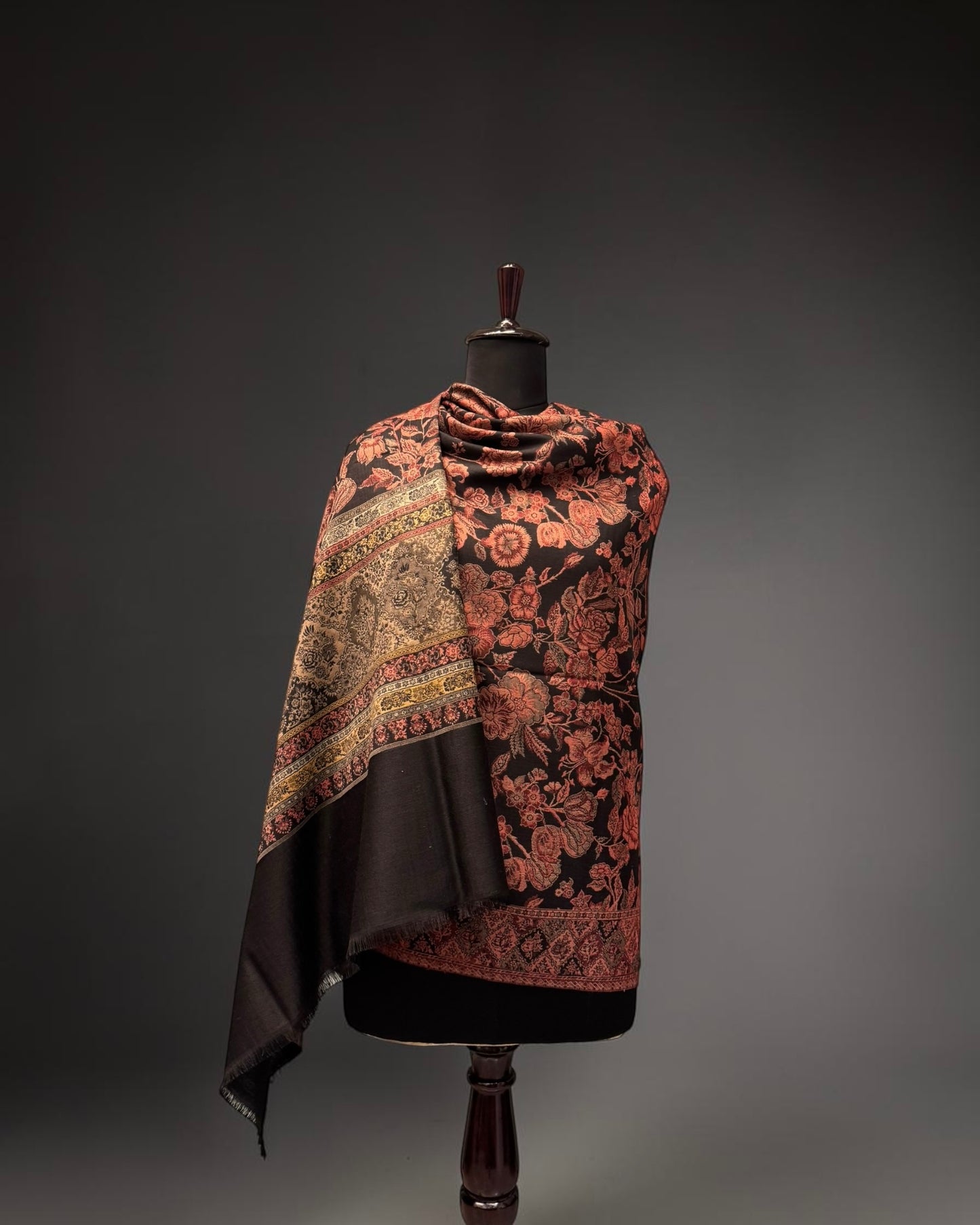 Black Wool Jamawar Shawl with Rose Pink Floral Field and Ornate Multi-Band Border