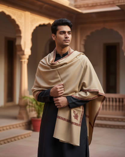 Natural Mens Pure Wool Shawl with Chinar Embroidery