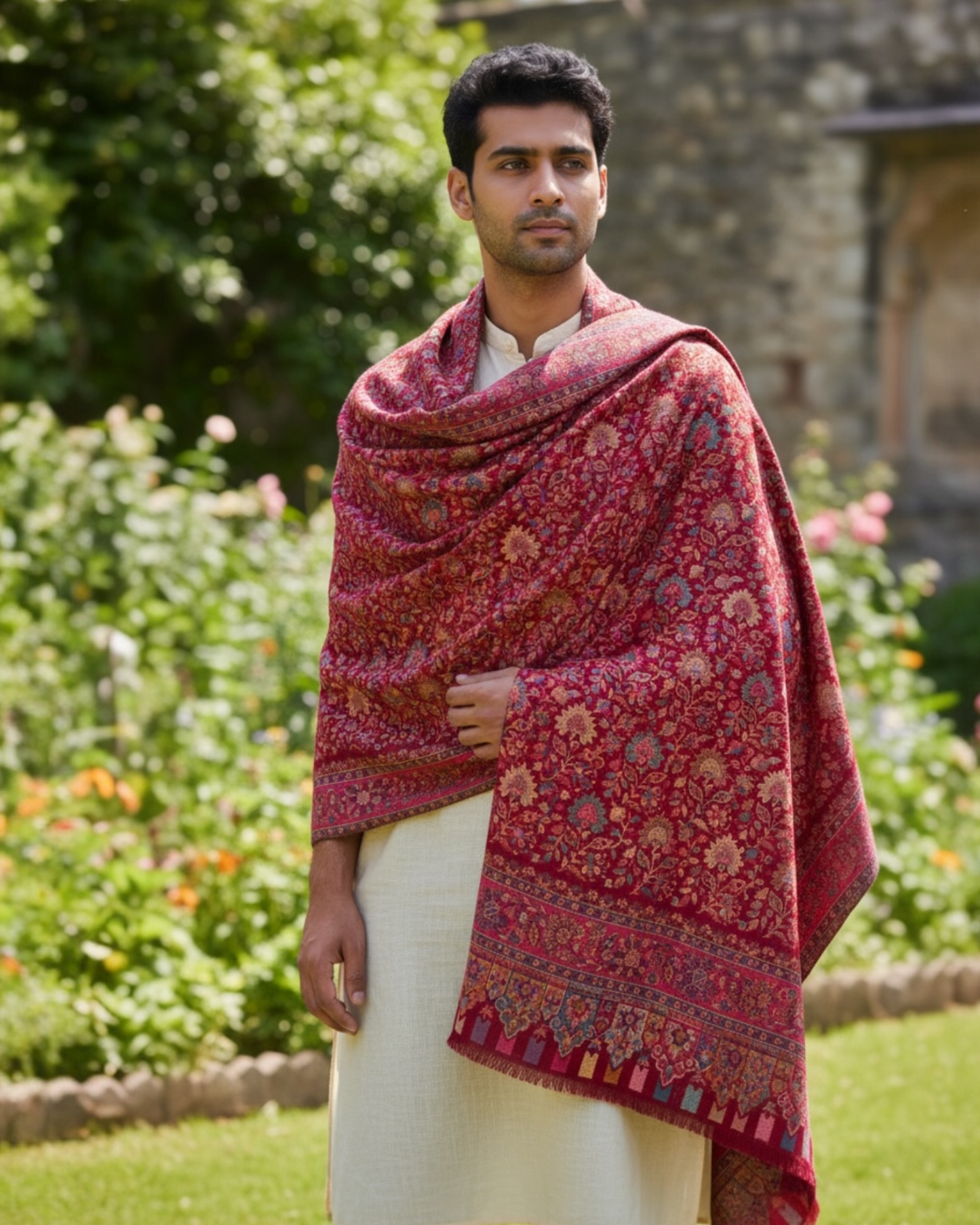 Crimson Red Mens Kani Pure Wool Shawl with Floral Jaal