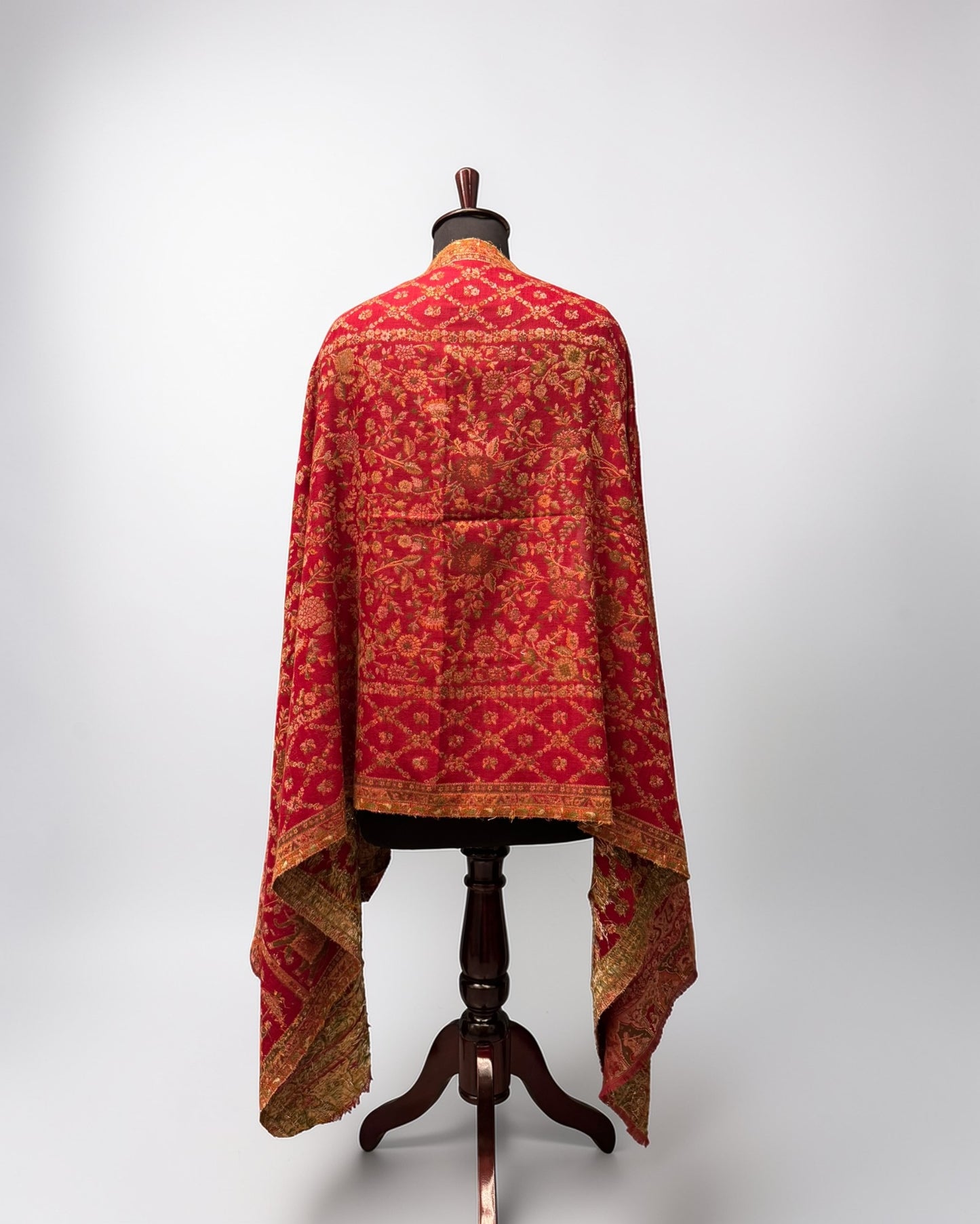 Red Wool Kani Zari Stole | Floral Jaal & Elephant Procession Pallu