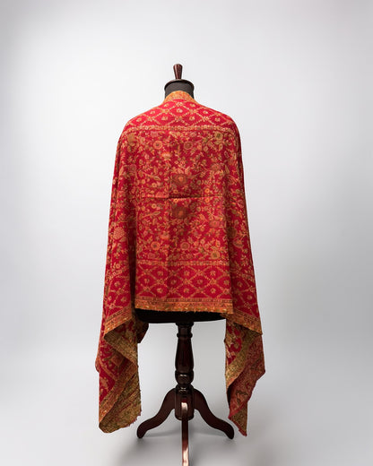 Red Wool Kani Zari Stole | Floral Jaal & Elephant Procession Pallu