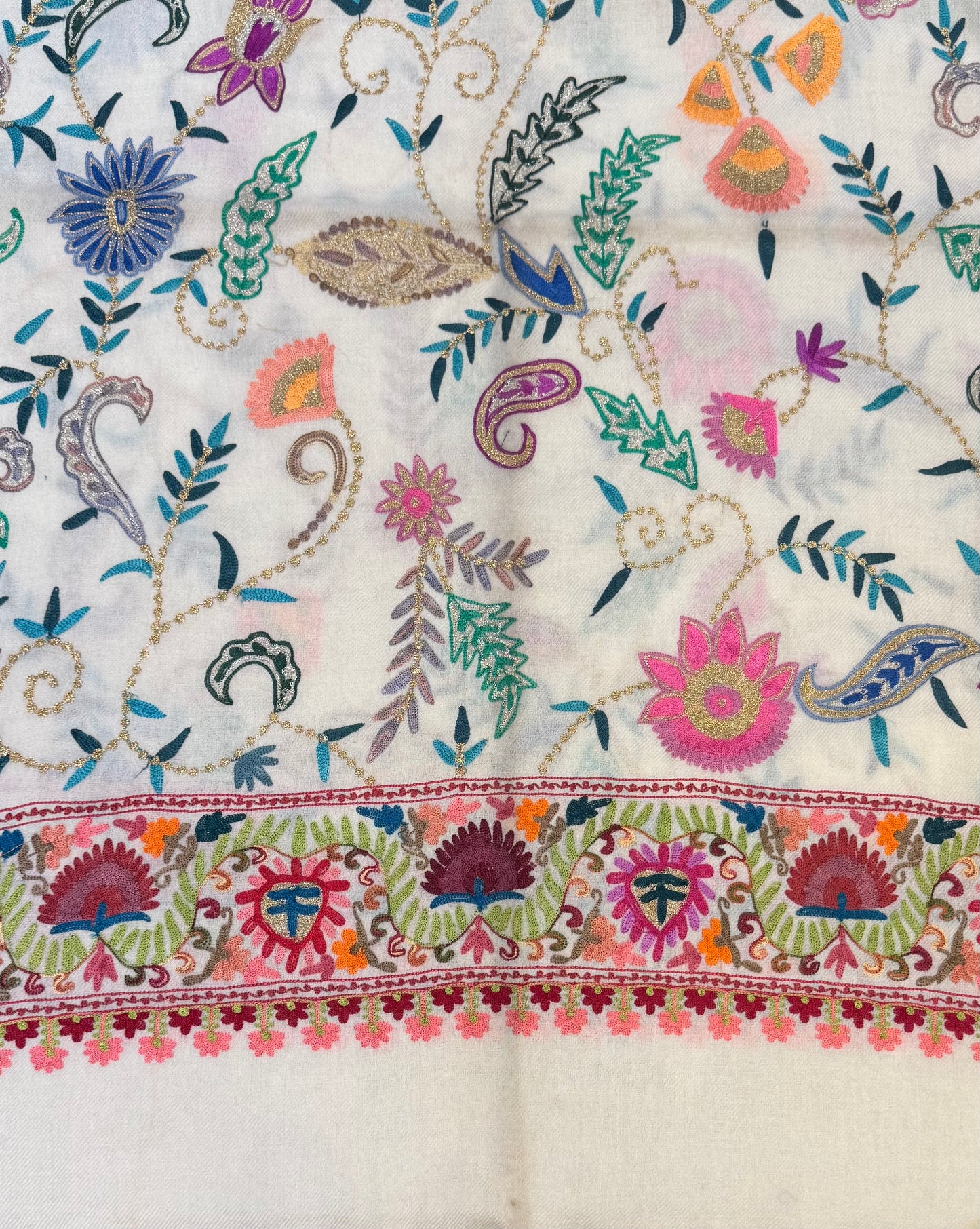 Ivory Pure Wool Stole with Multicolour Scattered Aari Embroidery