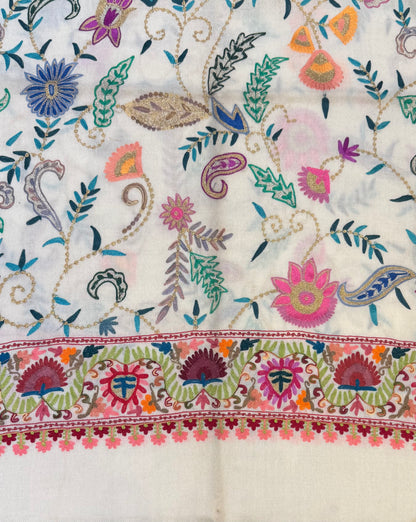 Ivory Pure Wool Stole with Multicolour Scattered Aari Embroidery