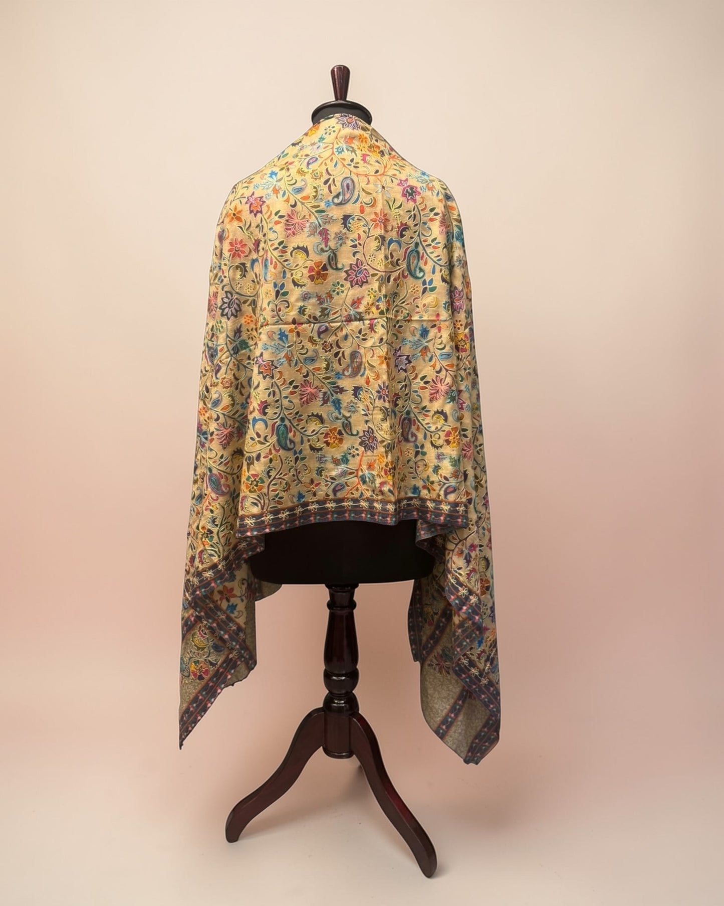 Antique Gold Kalamkari Pure Wool Shawl with Multicolour Floral Jaal