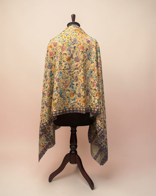 Antique Gold Kalamkari Pure Wool Shawl with Multicolour Floral Jaal