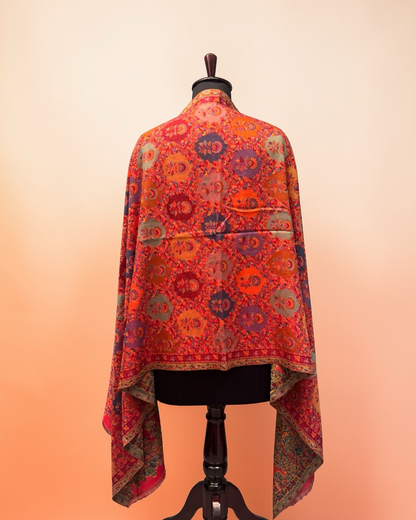 Coral Kani Wool Stole with Multicolour Medallion Lattice