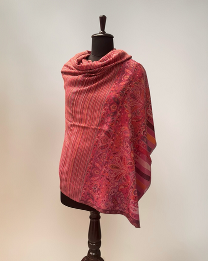 Dusty Rose Stripe Kani Wool Shawl with Paisley Border