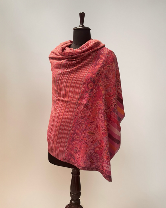 Dusty Rose Stripe Kani Wool Shawl with Paisley Border