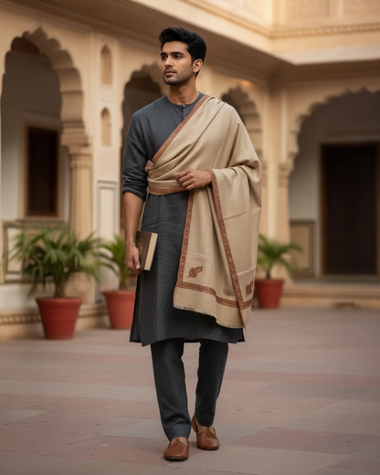 Natural Men's Pure Wool Kashmiri Sozni Shawl