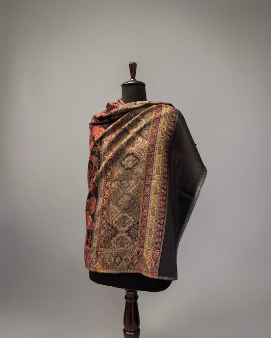 Black Wool Jamawar Shawl with Rose Pink Floral Field and Ornate Multi-Band Border