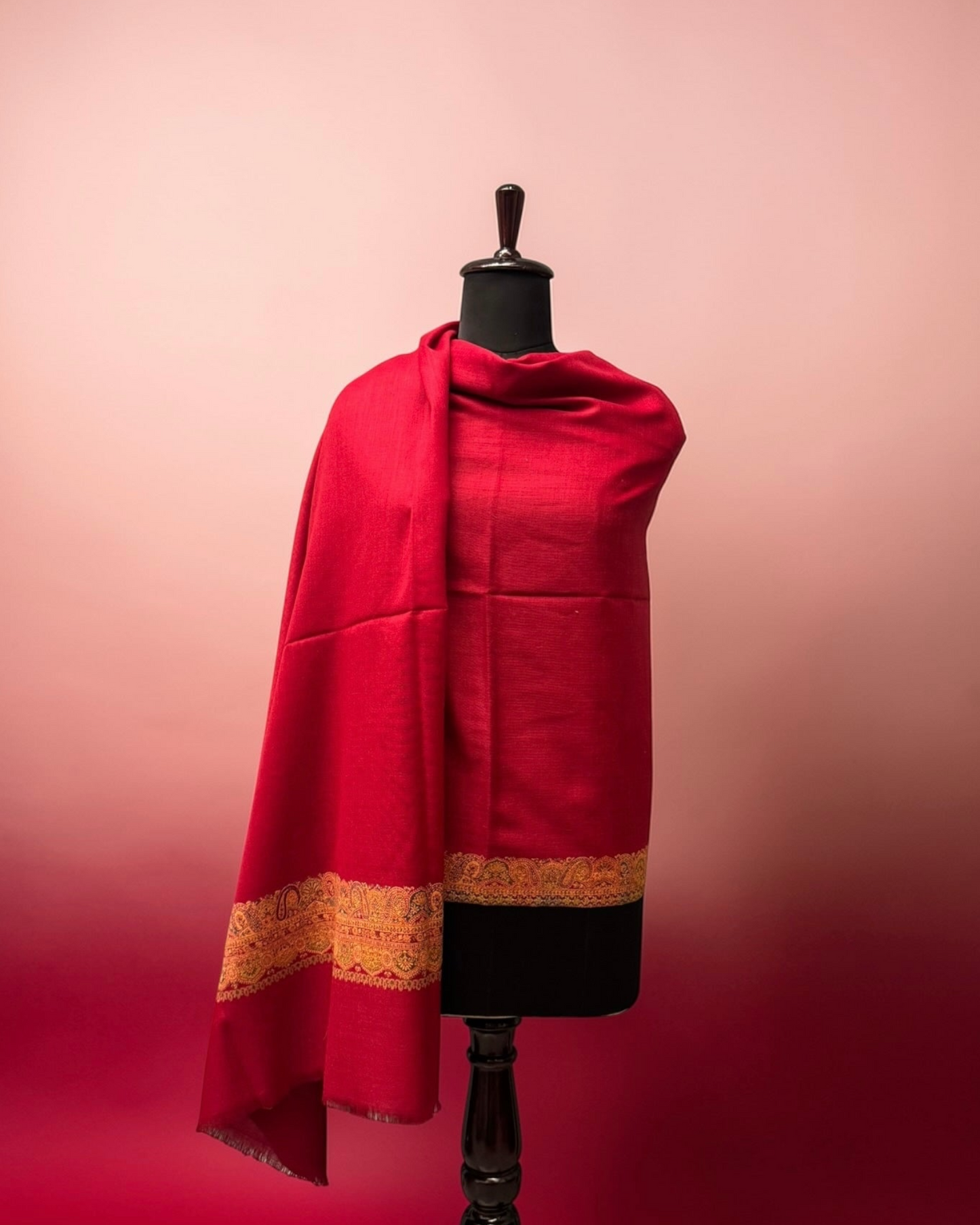 Crimson Red Wool Kani Border Shawl