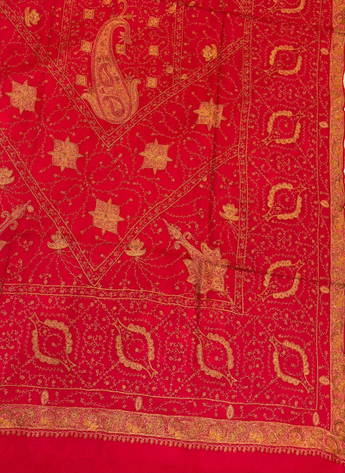 Scarlet Red Pure Wool Kashmiri Shawl with Gold Sozni Embroidery