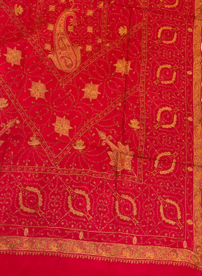 Scarlet Red Pure Wool Kashmiri Shawl with Gold Sozni Embroidery