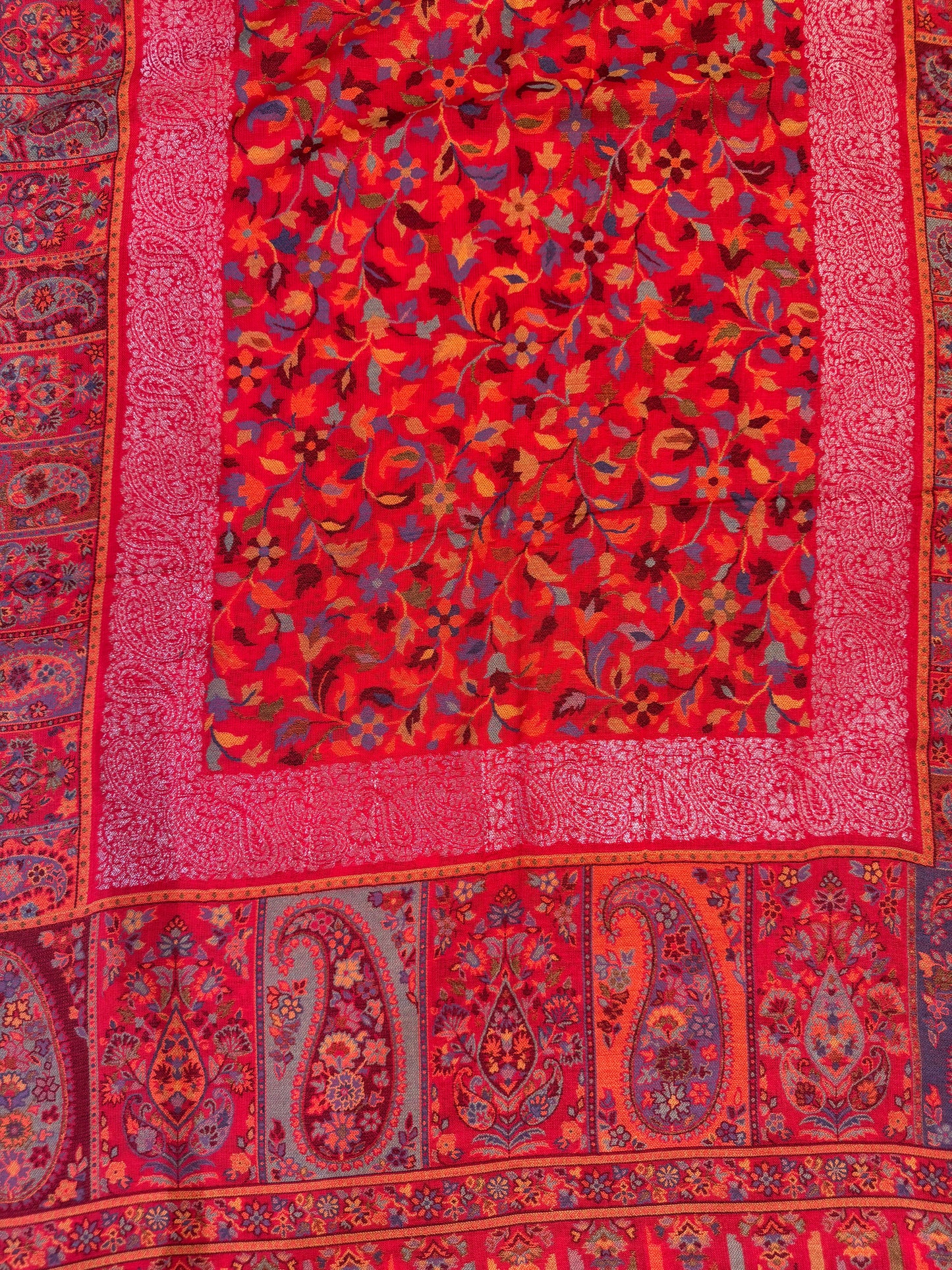 Scarlet Red Kani Zari Wool Stole with Multicolour Floral Jaal